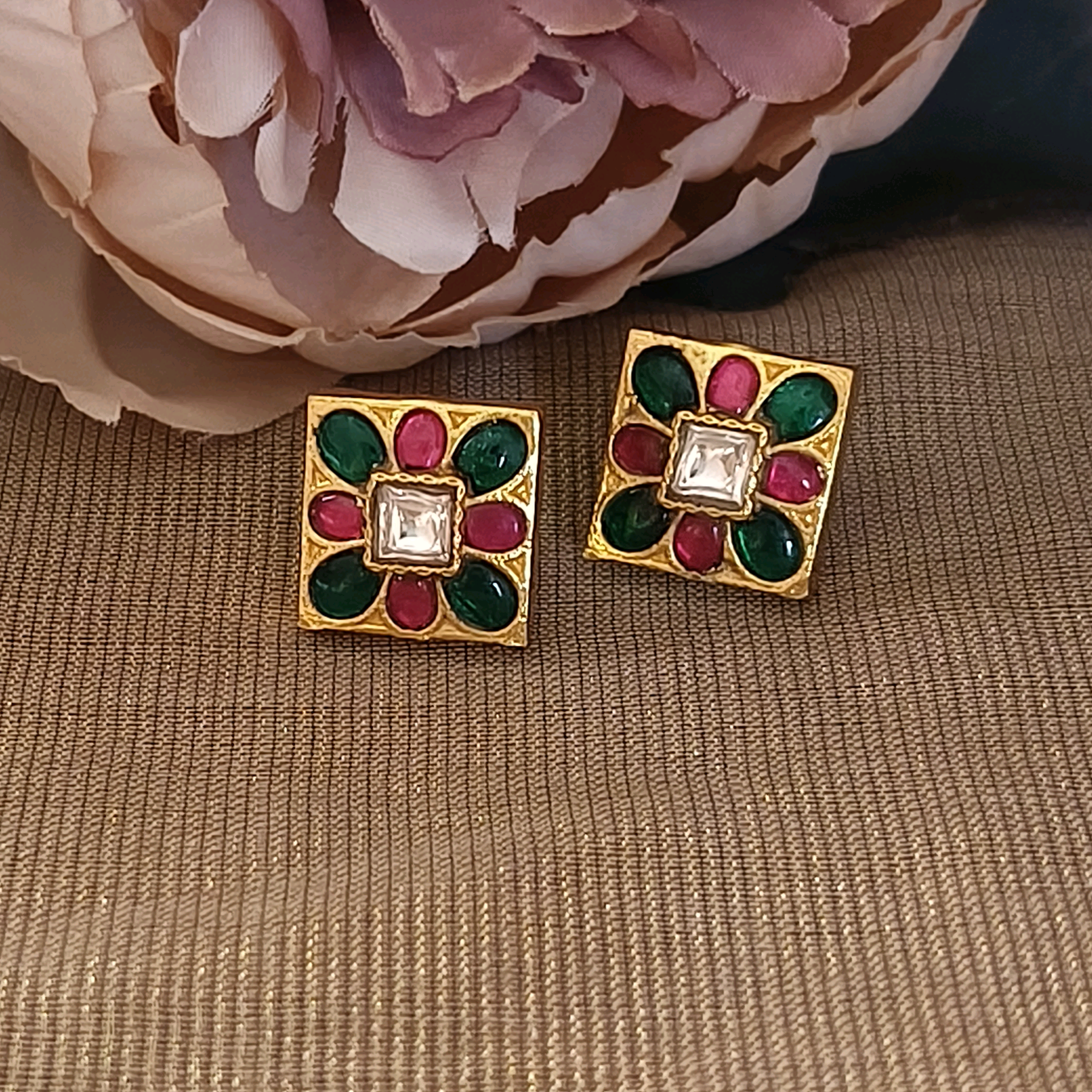 Gharana Square Kundan Studs with 22k Gold Finish